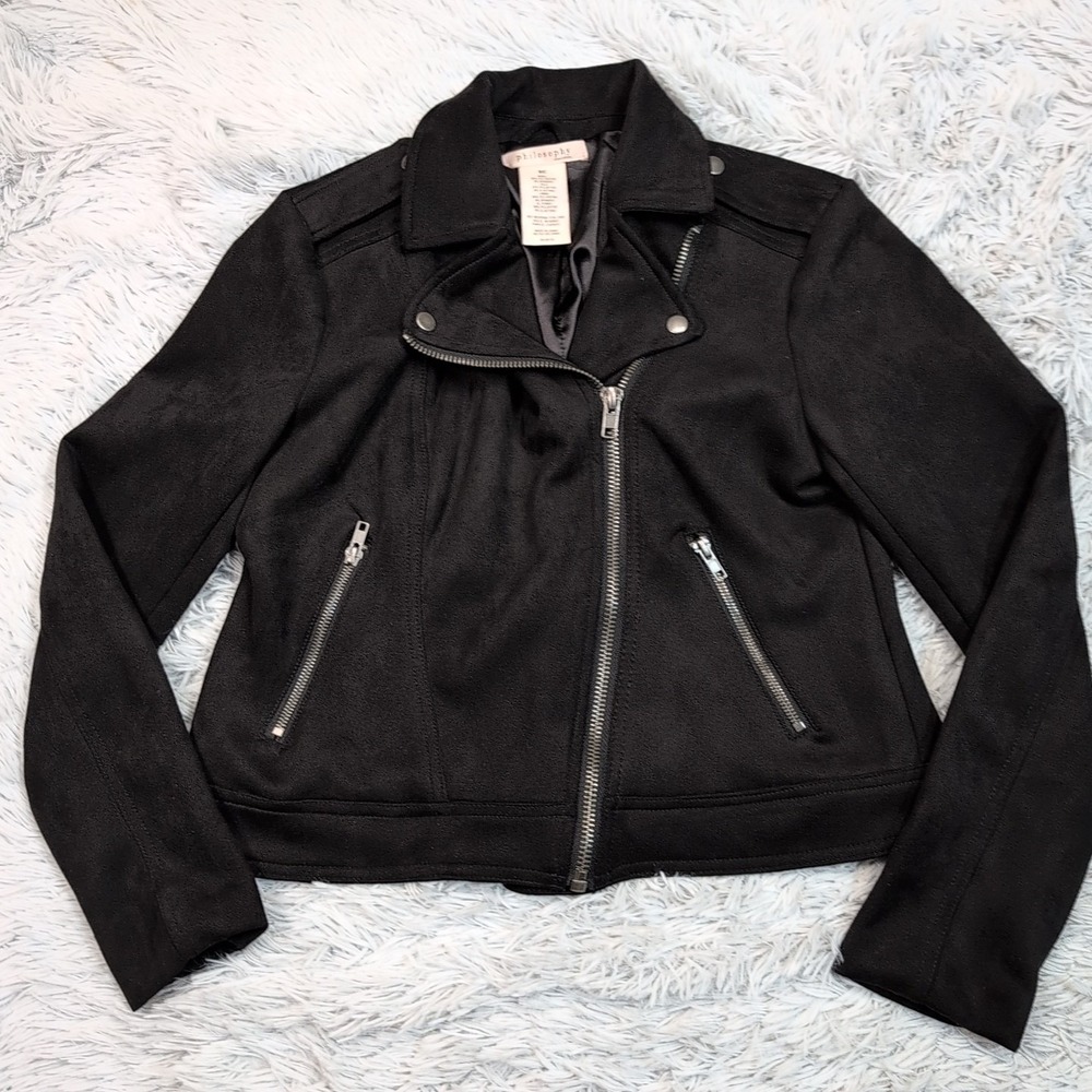 Philosophy Jacket Womens S Black Asymmetrical Zip Up Pockets Soft Comfy Moto